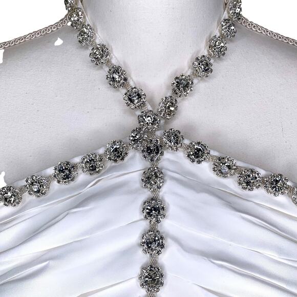 Self-Portrait White Taffeta Diamanté Embellished Trim Halter Neck Mini Dress - Picture 10 of 16